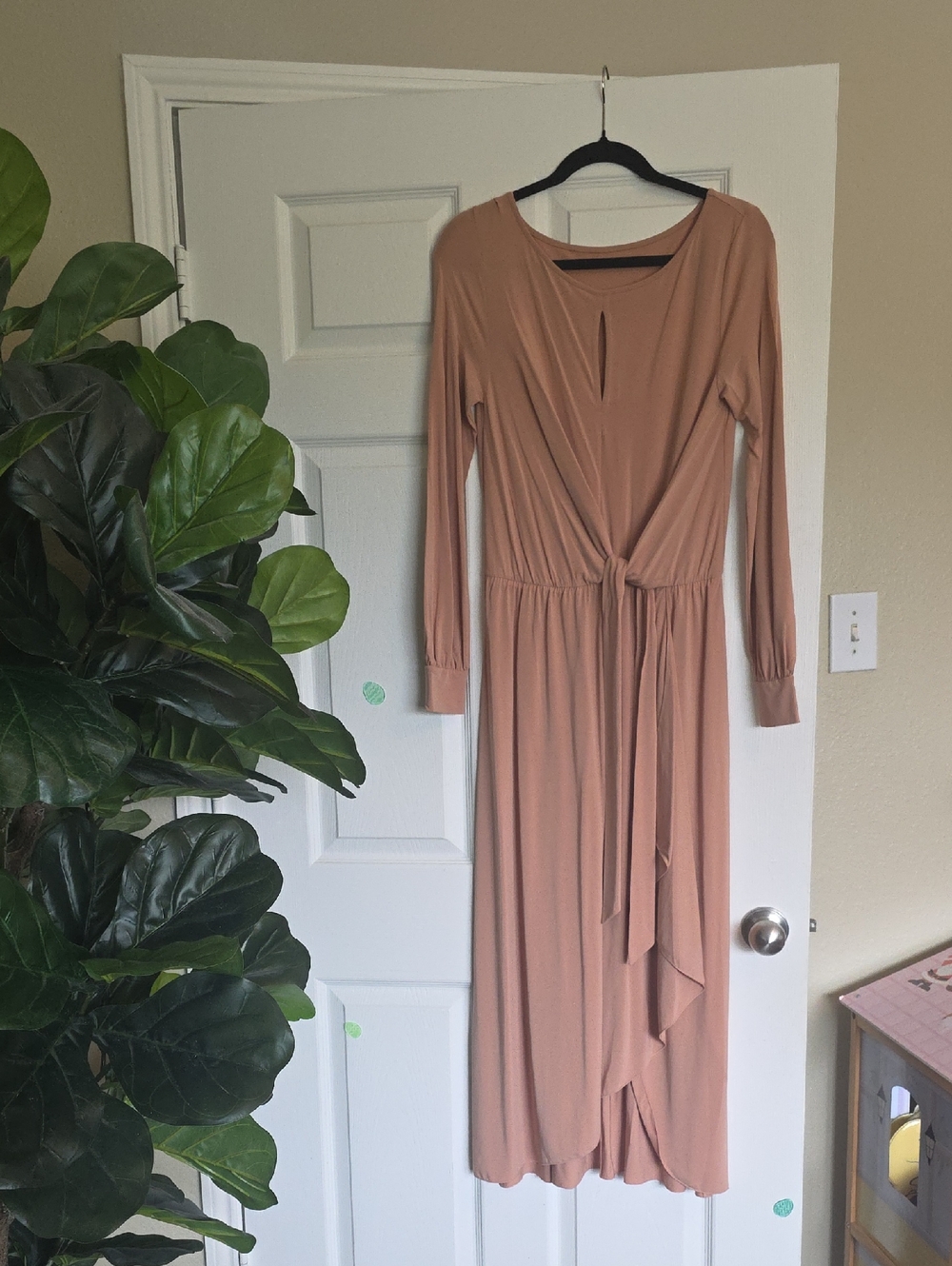 Long Sleeve Wrap-Style Midi Dress in Dusty Mauve